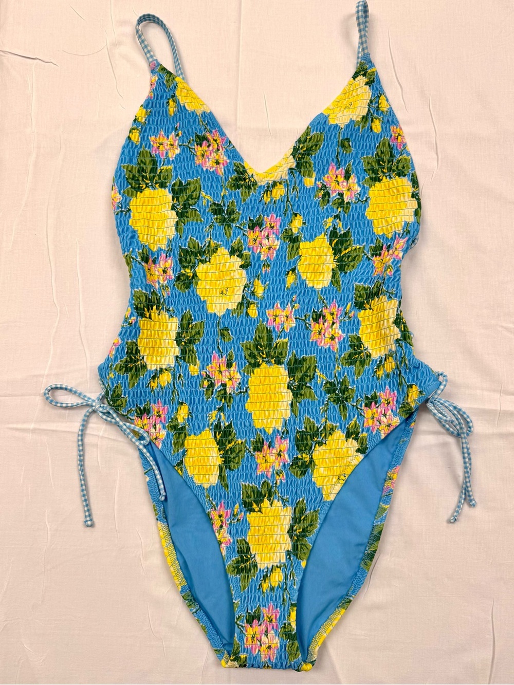 Aerie Smocked Floral One Piece Swimsuit Blue Yellow Pink Low Back Side Tie Large